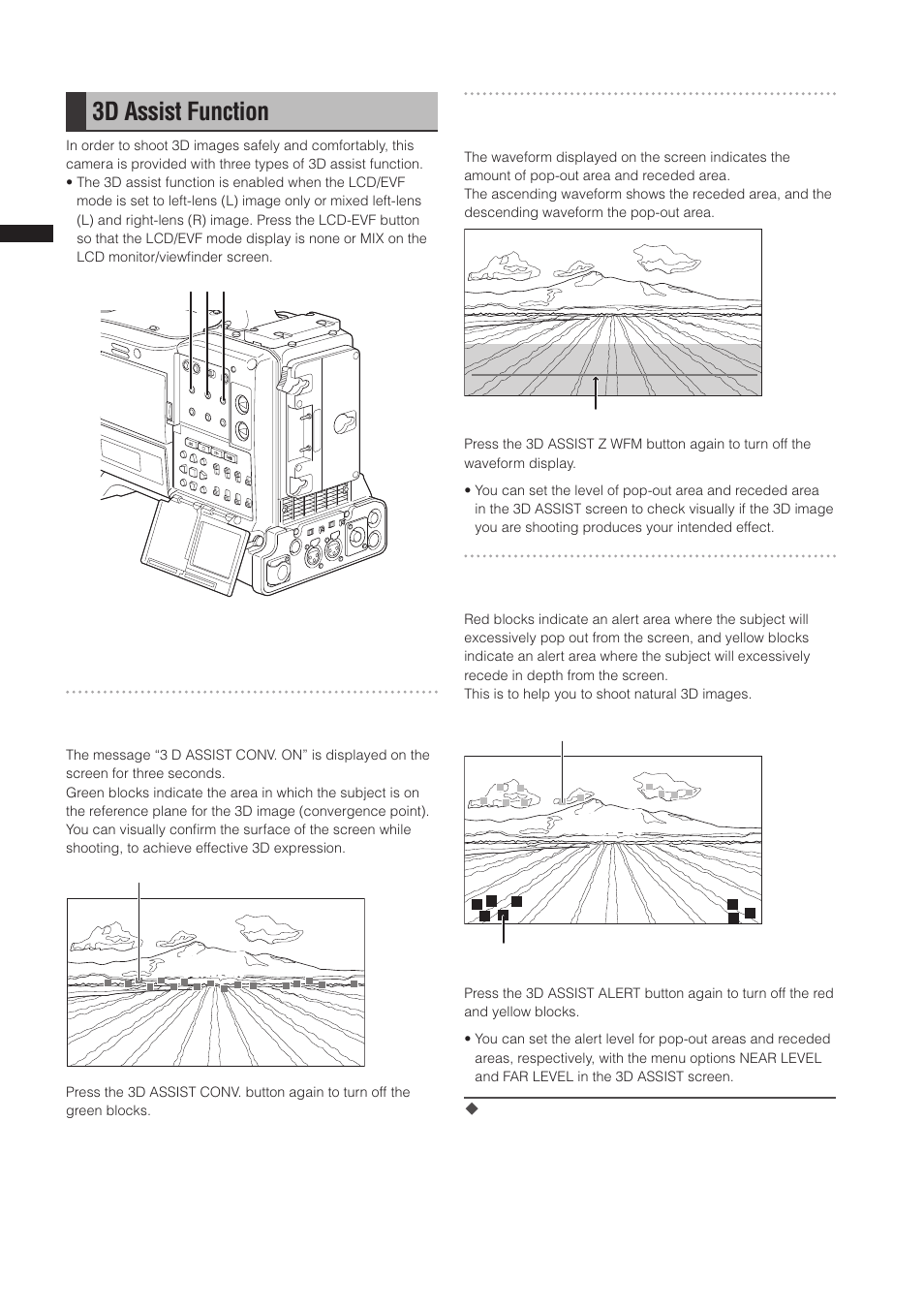 3d assist function, Ba c, Convergence in green” display | Z waveform” display, Parallax alert” display | Panasonic AG-3DP1G User Manual | Page 56 / 140