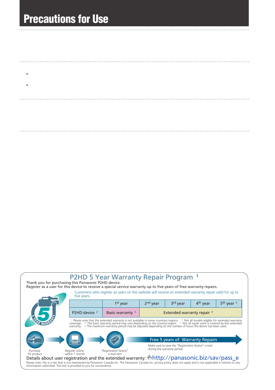 Precautions for use, P2hd 5 year warranty repair program, Caution regarding laser beams | Information on software for this product | Panasonic AG-3DP1G User Manual | Page 6 / 140