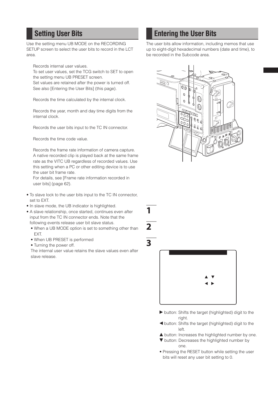Setting user bits, Entering the user bits | Panasonic AG-3DP1G User Manual | Page 61 / 140