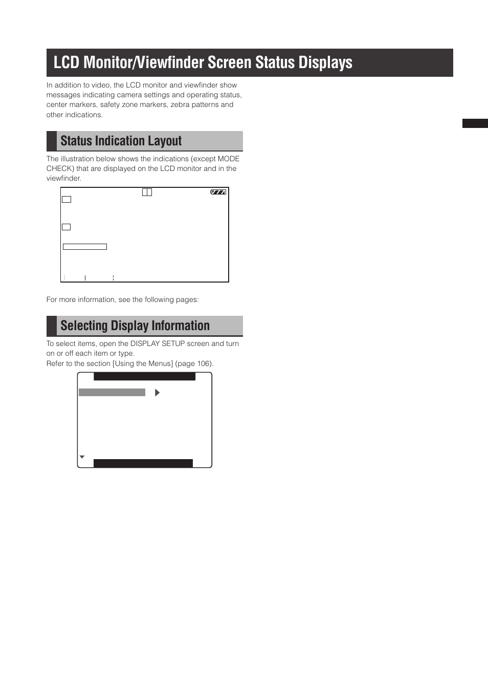 Lcd monitor/viewfinder screen status displays, Status indication layout, Selecting display information | Lcd monitor/viewﬁnder screen status displays | Panasonic AG-3DP1G User Manual | Page 67 / 140