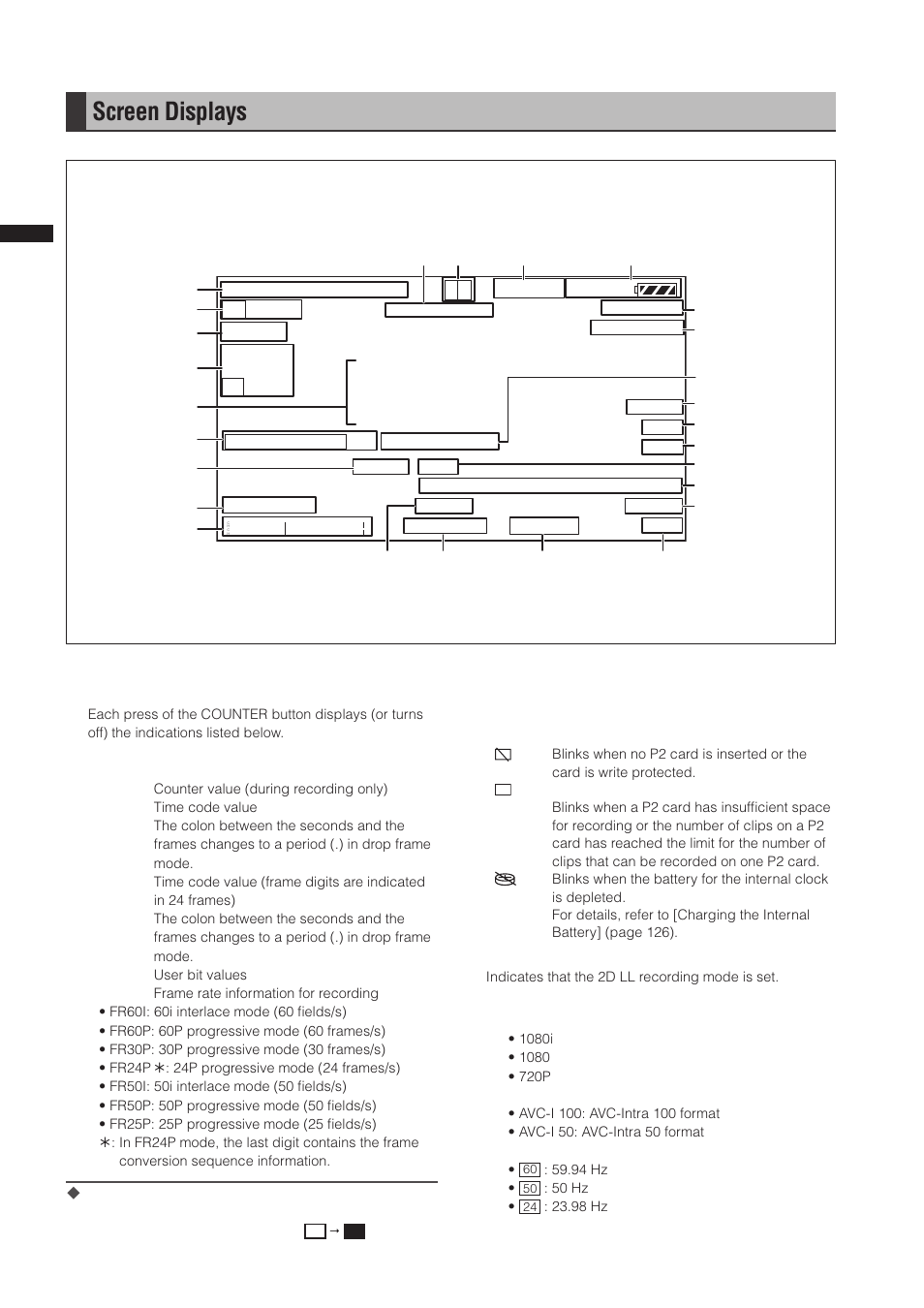 Screen displays | Panasonic AG-3DP1G User Manual | Page 68 / 140