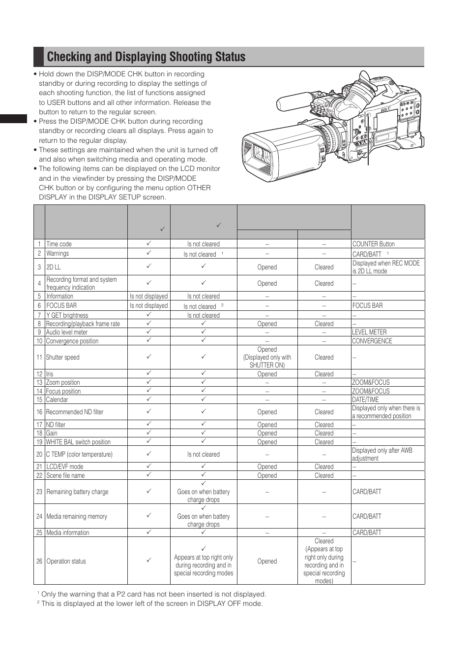 Checking and displaying shooting status | Panasonic AG-3DP1G User Manual | Page 72 / 140