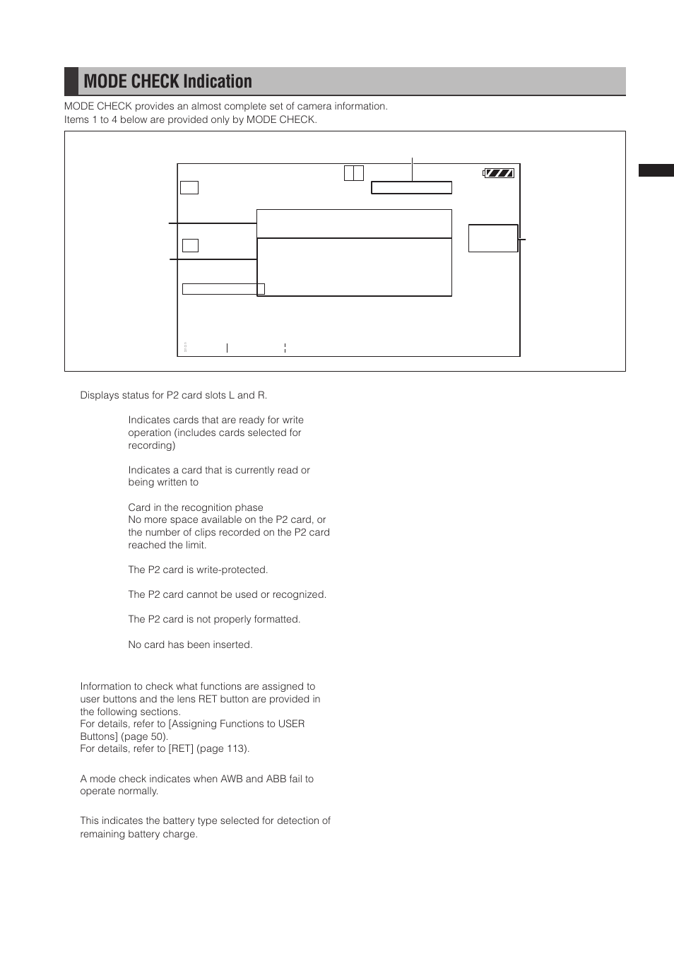 Mode check indication | Panasonic AG-3DP1G User Manual | Page 73 / 140
