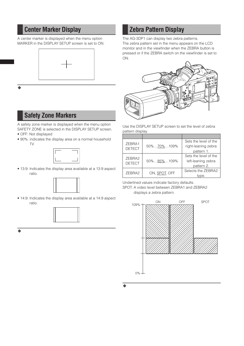 Center marker display, Safety zone markers, Zebra pattern display | Panasonic AG-3DP1G User Manual | Page 74 / 140