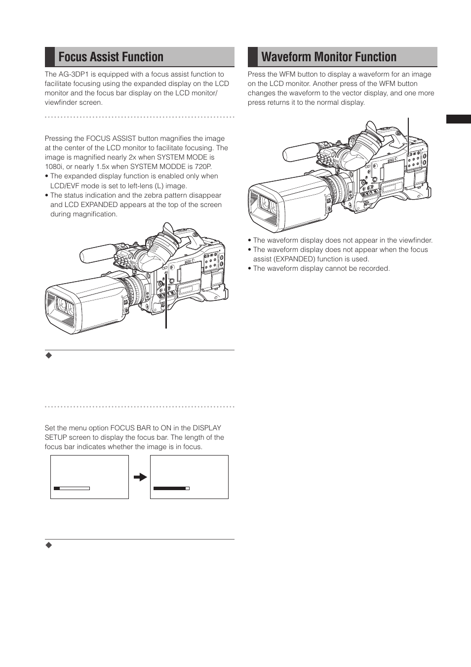 Focus assist function, Waveform monitor function | Panasonic AG-3DP1G User Manual | Page 75 / 140