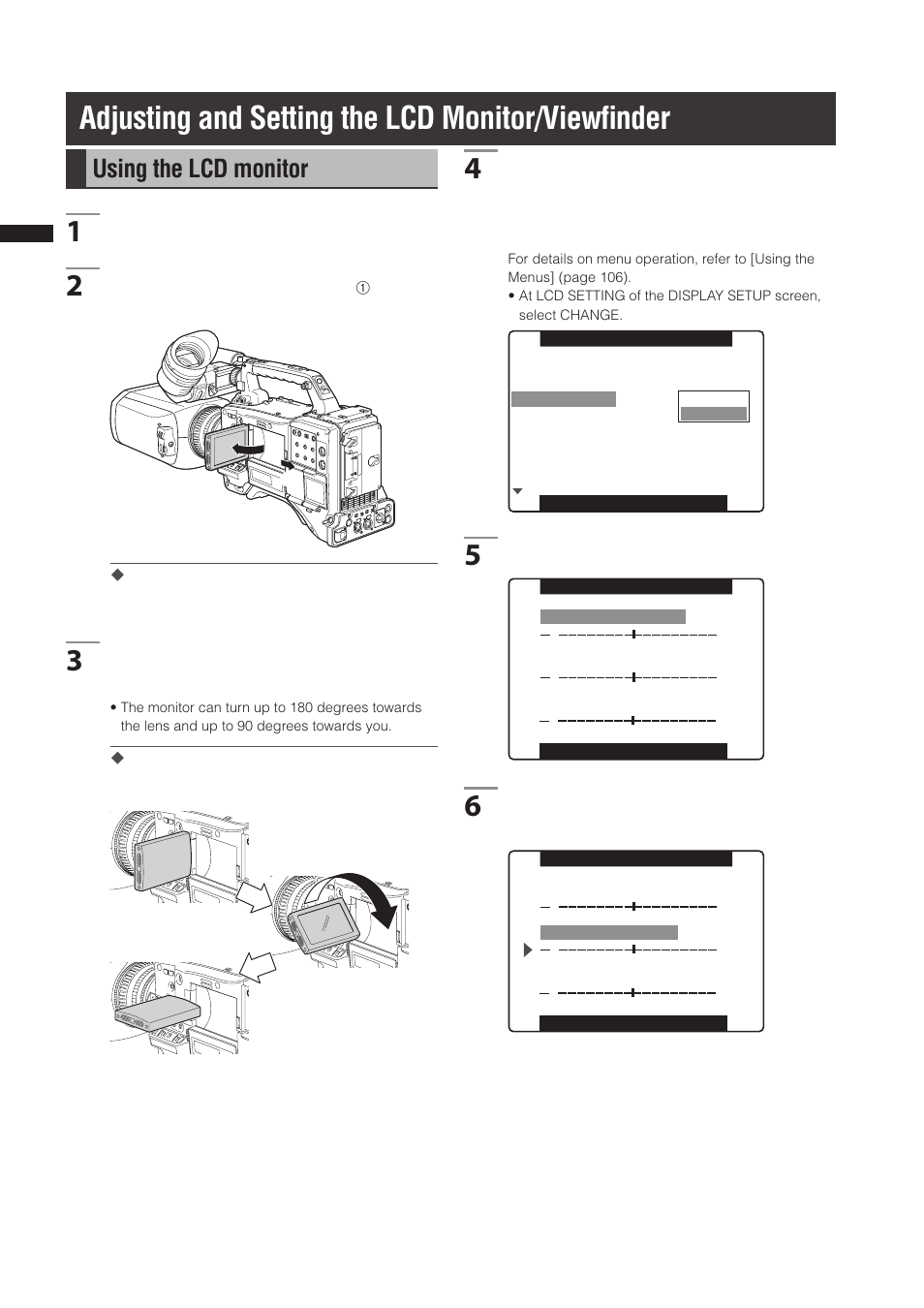 Adjusting and setting the lcd monitor/viewfinder, Using the lcd monitor, Adjusting and setting the lcd monitor/viewﬁnder | Panasonic AG-3DP1G User Manual | Page 76 / 140