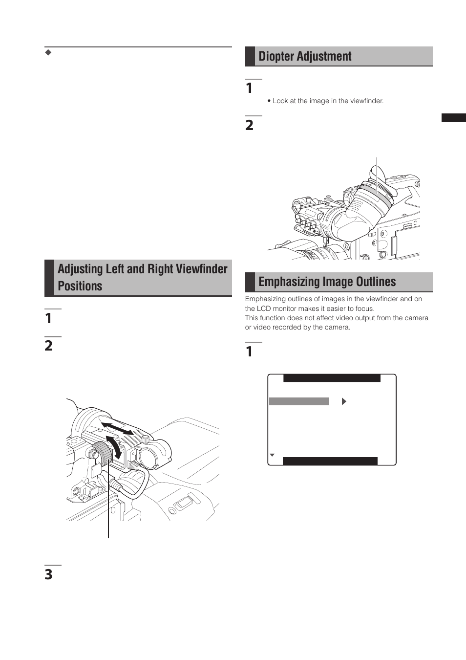 Adjusting left and right viewfinder positions, Diopter adjustment, Emphasizing image outlines | Adjusting left and right viewﬁnder positions | Panasonic AG-3DP1G User Manual | Page 77 / 140