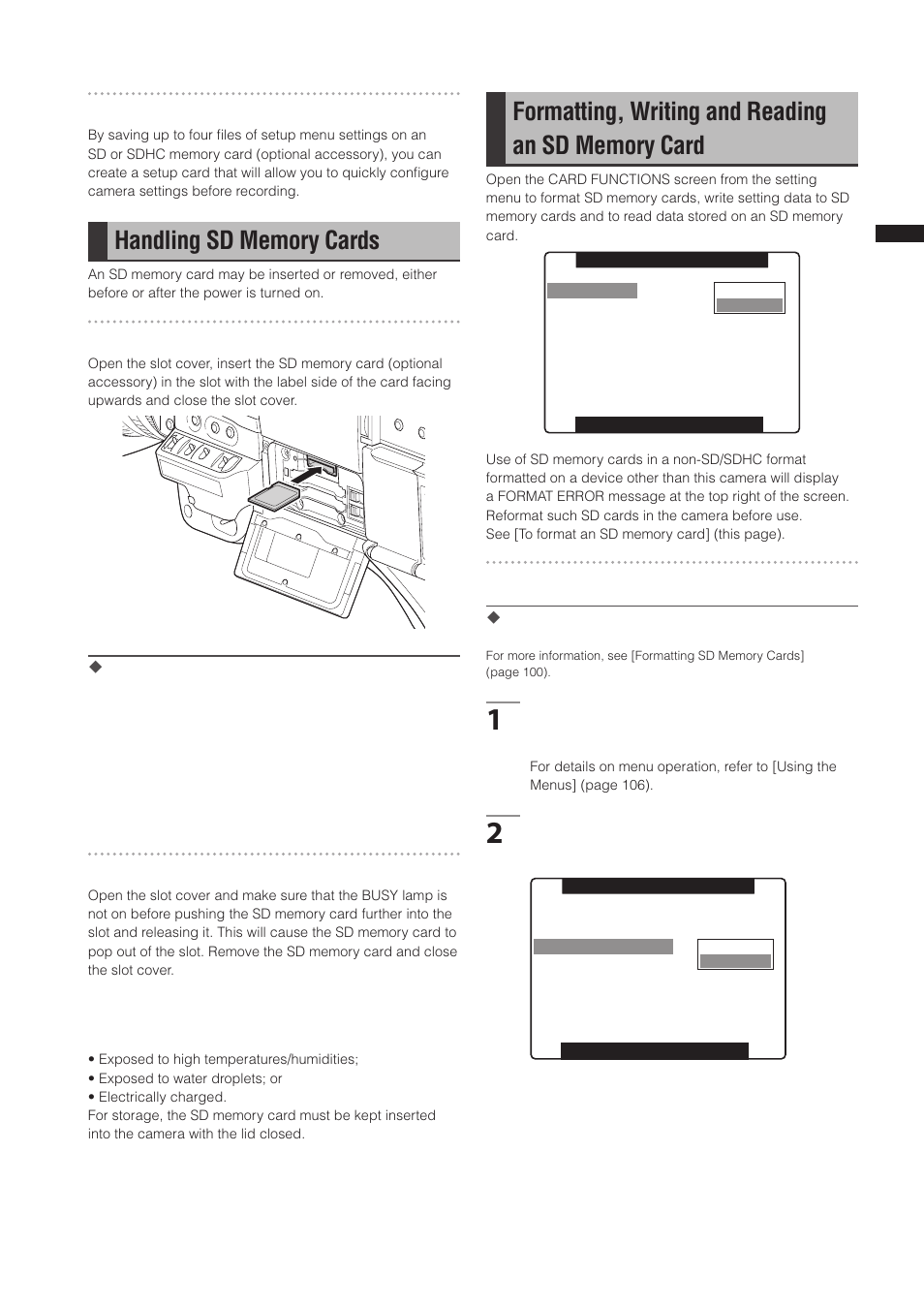 Handling sd memory cards, Formatting, writing and reading an sd memory card | Panasonic AG-3DP1G User Manual | Page 79 / 140