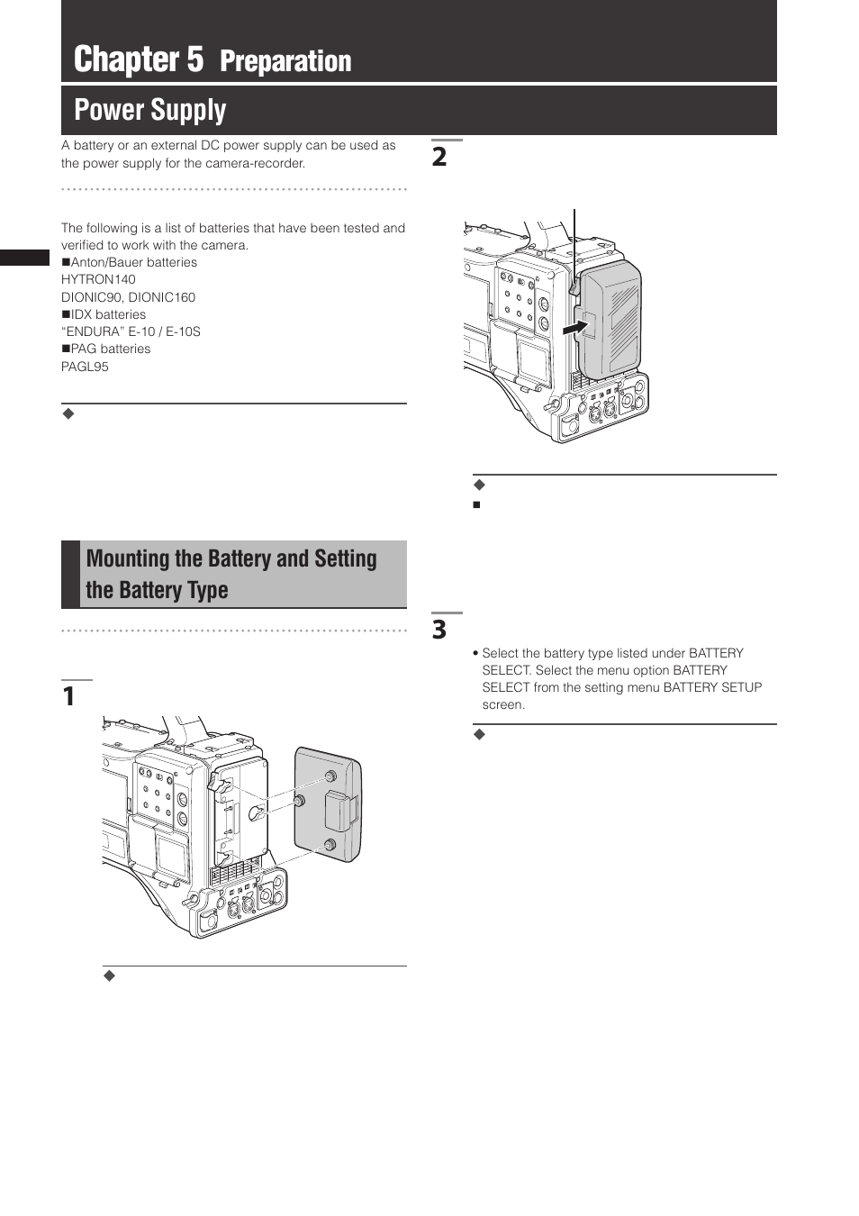 Chapter 5 preparation, Power supply, Mounting the battery and setting the battery type | Chapter 5, Preparation power supply | Panasonic AG-3DP1G User Manual | Page 84 / 140