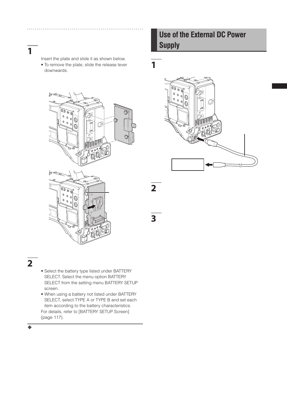 Use of the external dc power supply | Panasonic AG-3DP1G User Manual | Page 85 / 140