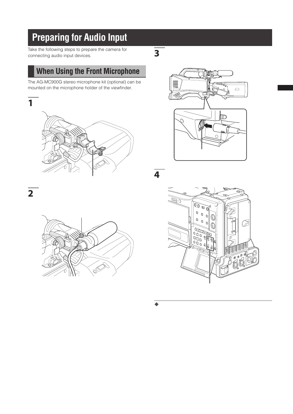 Preparing for audio input, When using the front microphone | Panasonic AG-3DP1G User Manual | Page 87 / 140