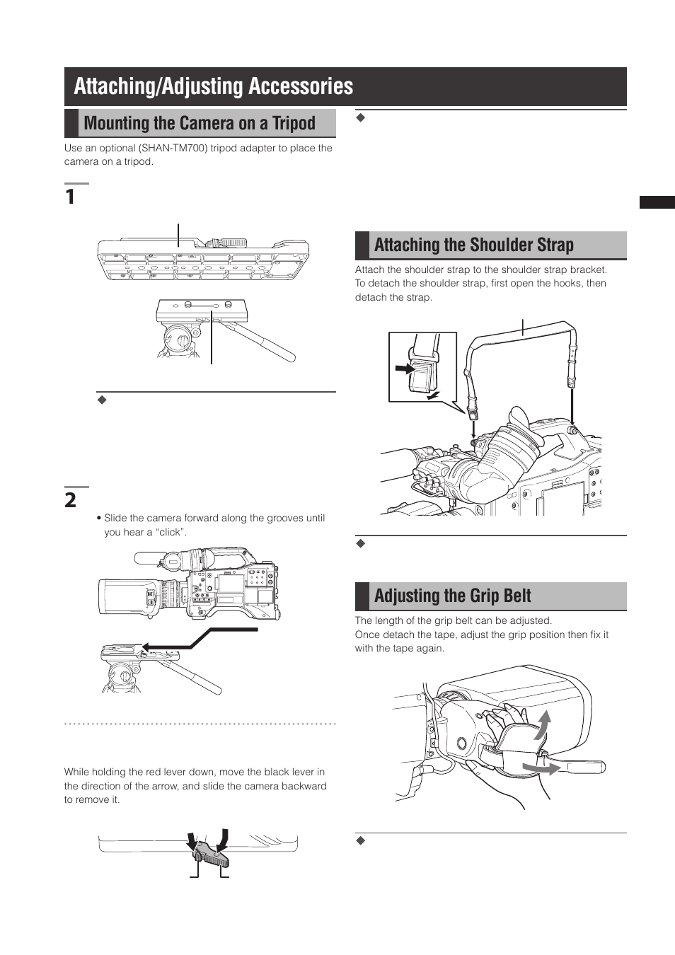 Attaching/adjusting accessories, Mounting the camera on a tripod, Attaching the shoulder strap | Adjusting the grip belt | Panasonic AG-3DP1G User Manual | Page 89 / 140