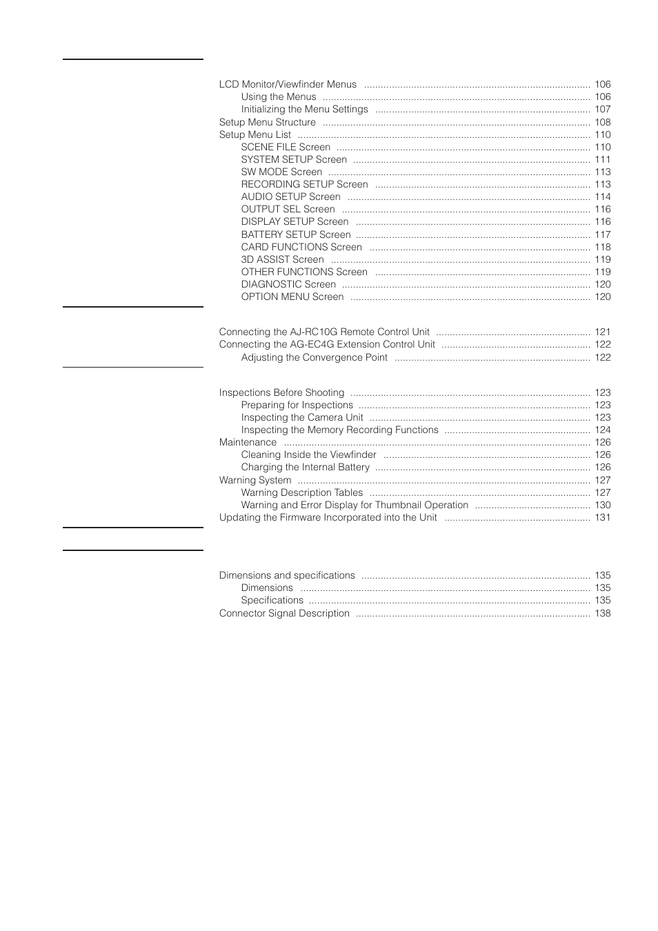 Chapter 7 menu operations, Chapter 8 connecting to external devices, Chapter 9 maintenance and inspections | Chapter 10 index chapter 11 specifications | Panasonic AG-3DP1G User Manual | Page 9 / 140