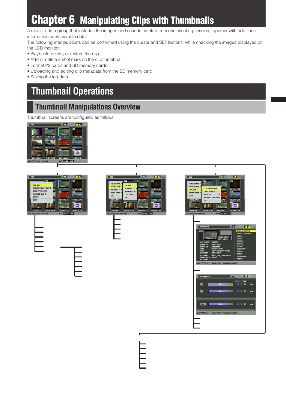 Chapter 6 manipulating clips with thumbnails, Thumbnail operations, Thumbnail manipulations overview | Chapter 6, Manipulating clips with thumbnails | Panasonic AG-3DP1G User Manual | Page 91 / 140