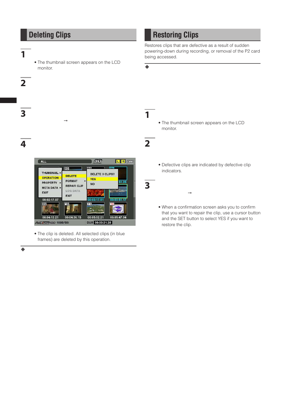 Deleting clips, Restoring clips | Panasonic AG-3DP1G User Manual | Page 96 / 140