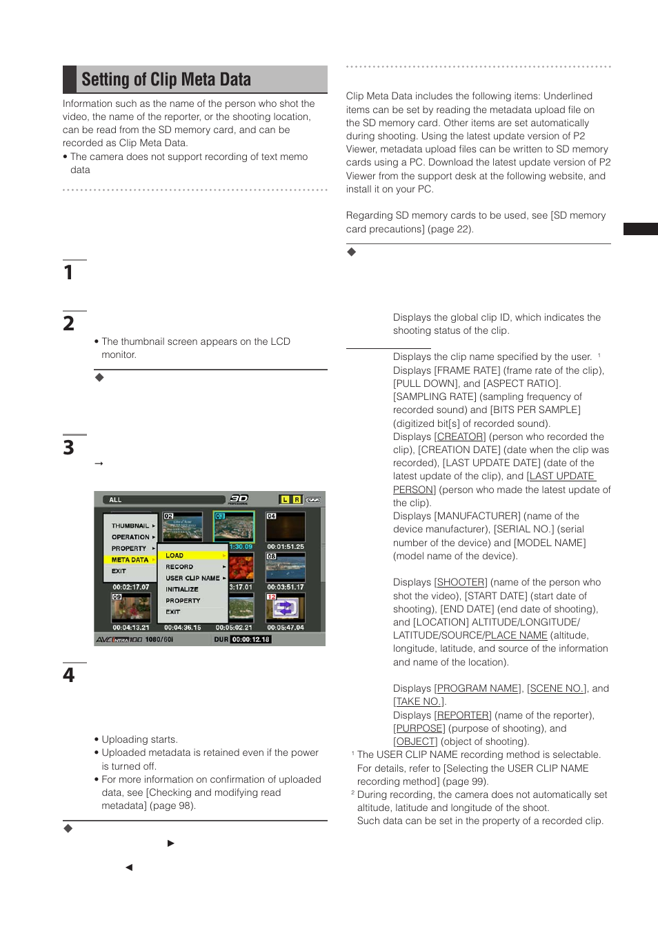 Setting of clip meta data, Clip meta data items | Panasonic AG-3DP1G User Manual | Page 97 / 140