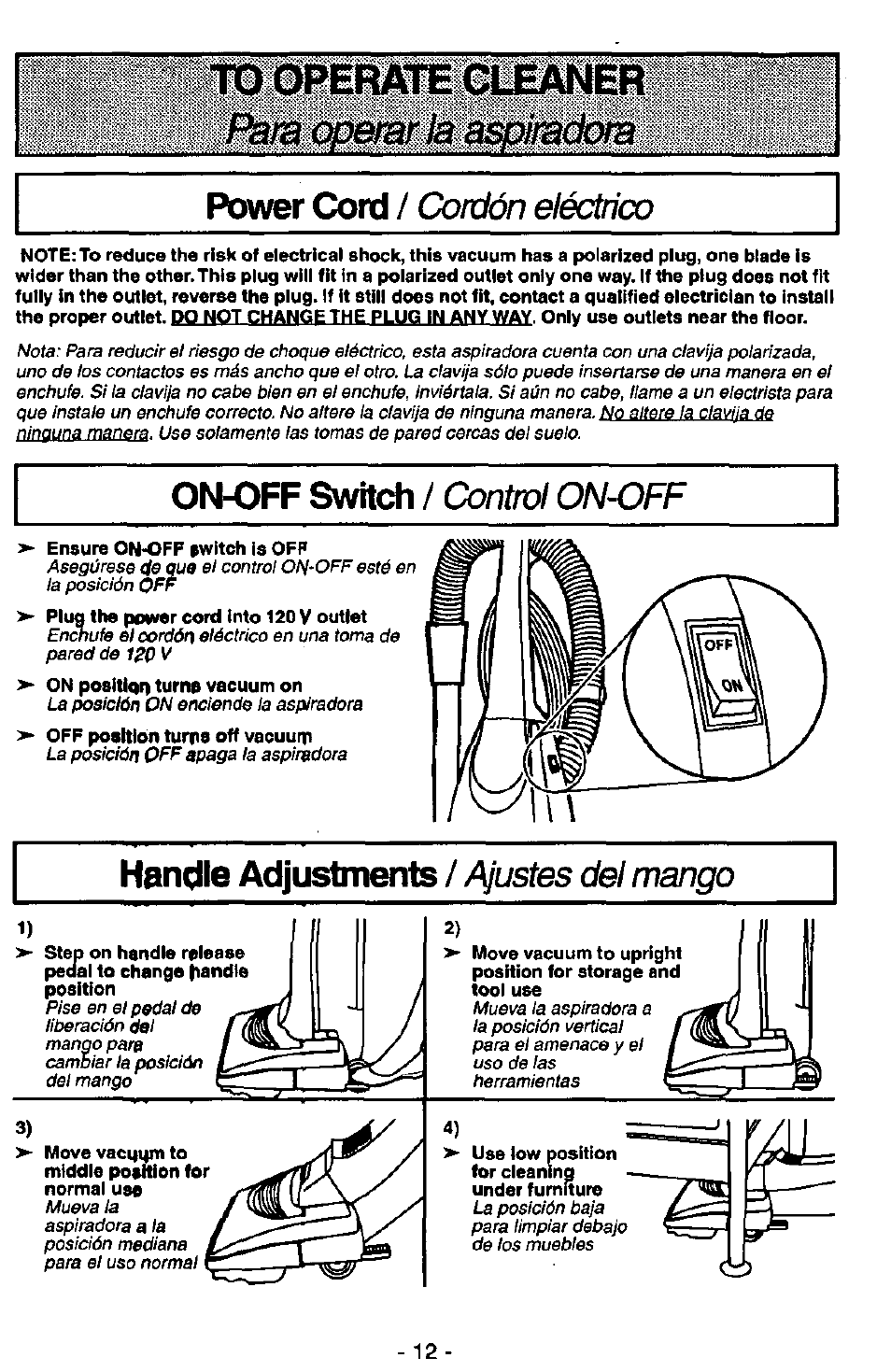 Power cord, On-off switch, Handle adjustments | Cordón eléctrico, Control on-off, Ajustes del mango | Panasonic QUICKDRAW MC-V5750 User Manual | Page 12 / 24