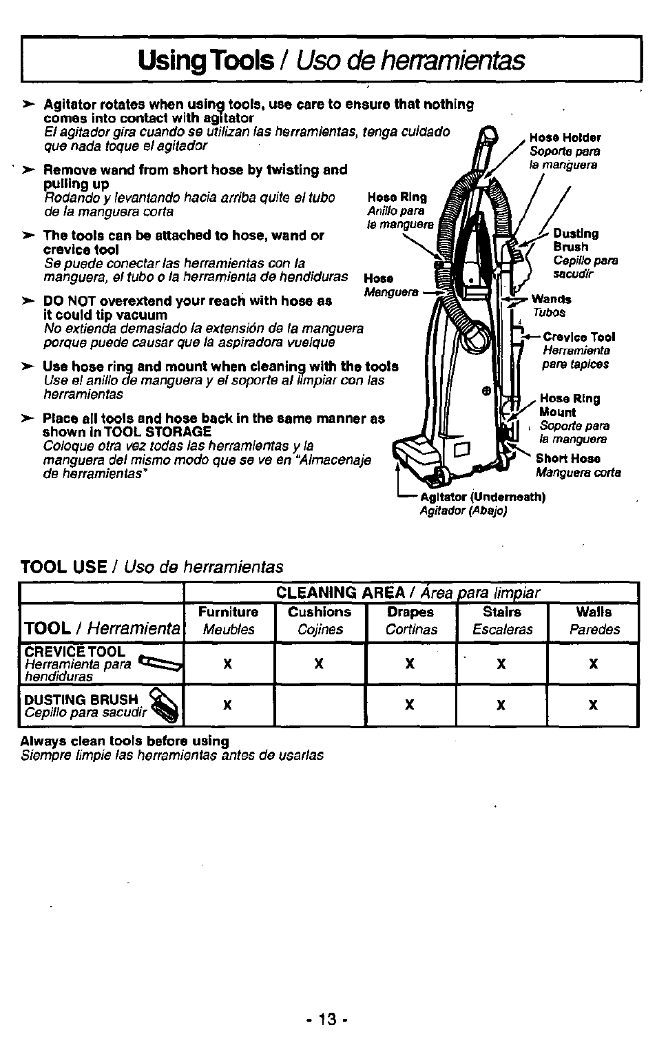 Using tools, Uso de herramientas, Tool use / uso de herramientas cleaning area | Tool, Herramienta | Panasonic QUICKDRAW MC-V5750 User Manual | Page 13 / 24