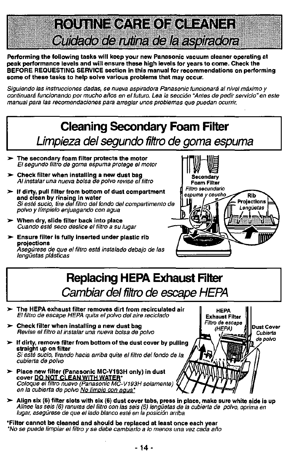 Cleaning secondary foam filter, Replacing hepa exhaust riter, Limpieza del segundo fìltro de goma espuma | Cambiar del filtro de escape hepa | Panasonic QUICKDRAW MC-V5750 User Manual | Page 14 / 24