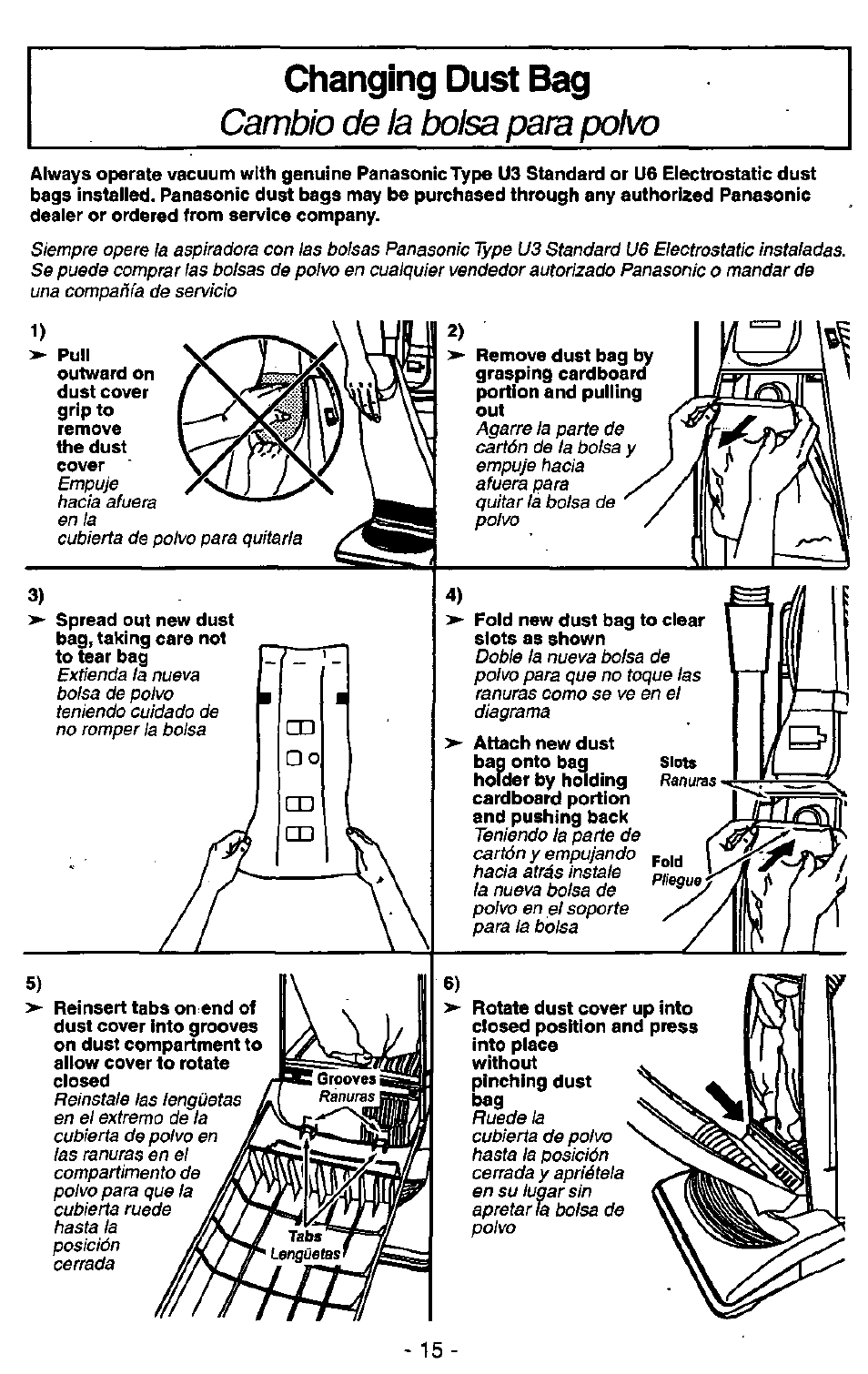 Changing dust bag, Cambio de la bolsa para polvo | Panasonic QUICKDRAW MC-V5750 User Manual | Page 15 / 24
