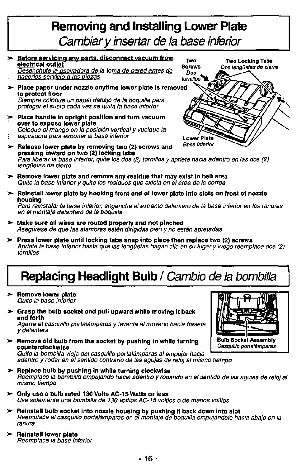 Removing and installing lower plate, Replacing headlight buib, Cambiar y insertar de ia base inferior | Cambio de la bombilla | Panasonic QUICKDRAW MC-V5750 User Manual | Page 16 / 24