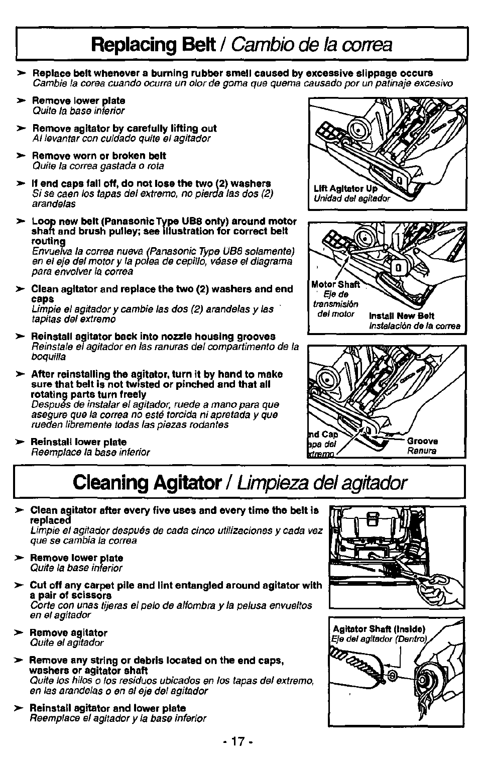 Replacing belt, Cleaning agitator, Cambio de la correa | Limpieza dei agitador | Panasonic QUICKDRAW MC-V5750 User Manual | Page 17 / 24