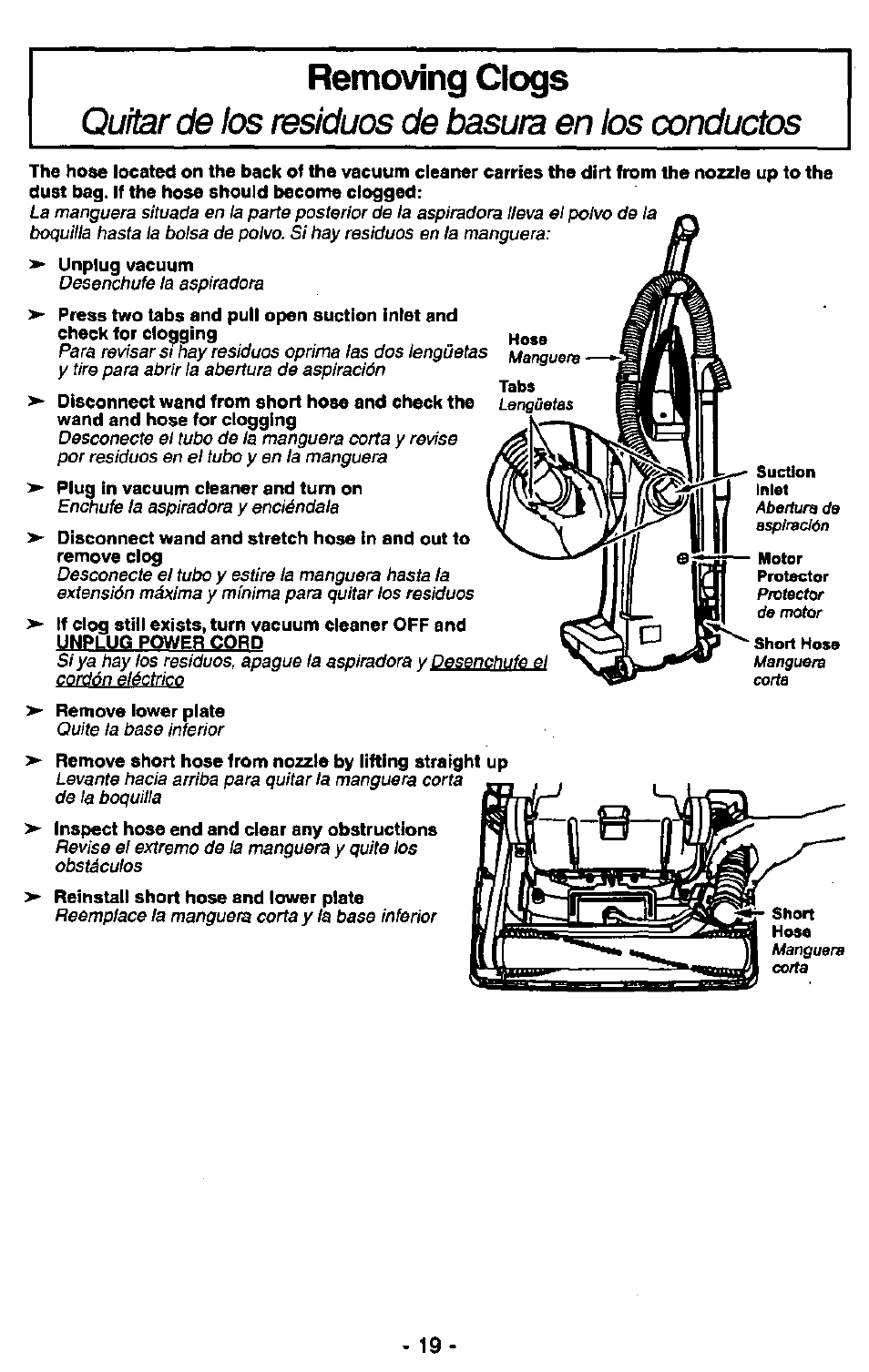 Removing clogs, Quitar de los residuos de basura en los conductos | Panasonic QUICKDRAW MC-V5750 User Manual | Page 19 / 24