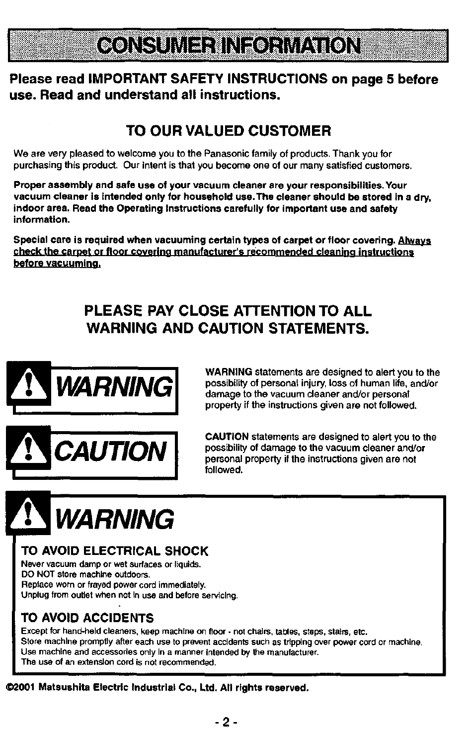 To our valued customer, Warning, Caution | Panasonic QUICKDRAW MC-V5750 User Manual | Page 2 / 24