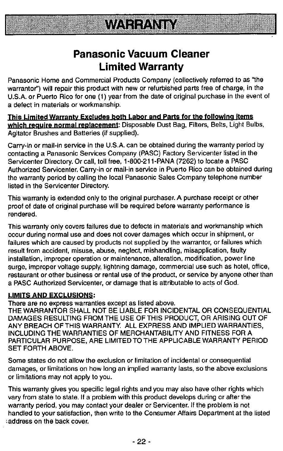 Panasonic vacuum cleaner limited warranty | Panasonic QUICKDRAW MC-V5750 User Manual | Page 22 / 24