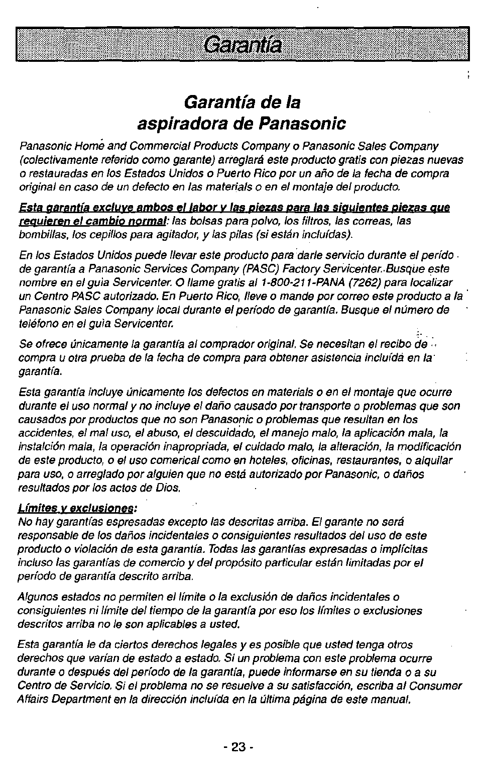 Garantía de la aspiradora de panasonic | Panasonic QUICKDRAW MC-V5750 User Manual | Page 23 / 24