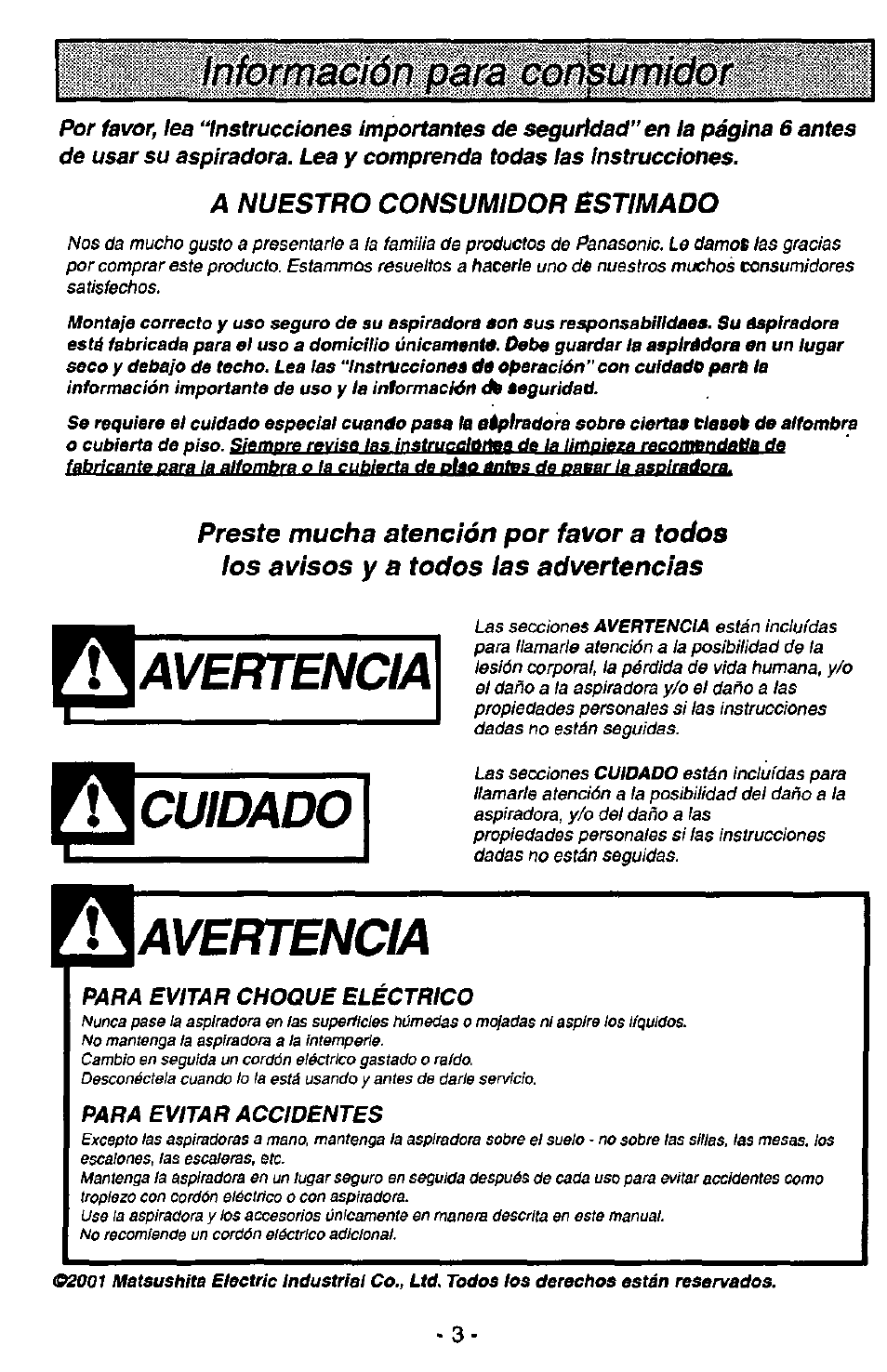 Avertencia, Cuidado, Ón r íiítjñrí irinr | If tf(j, Vf t ^ ouiu>uif | Panasonic QUICKDRAW MC-V5750 User Manual | Page 3 / 24