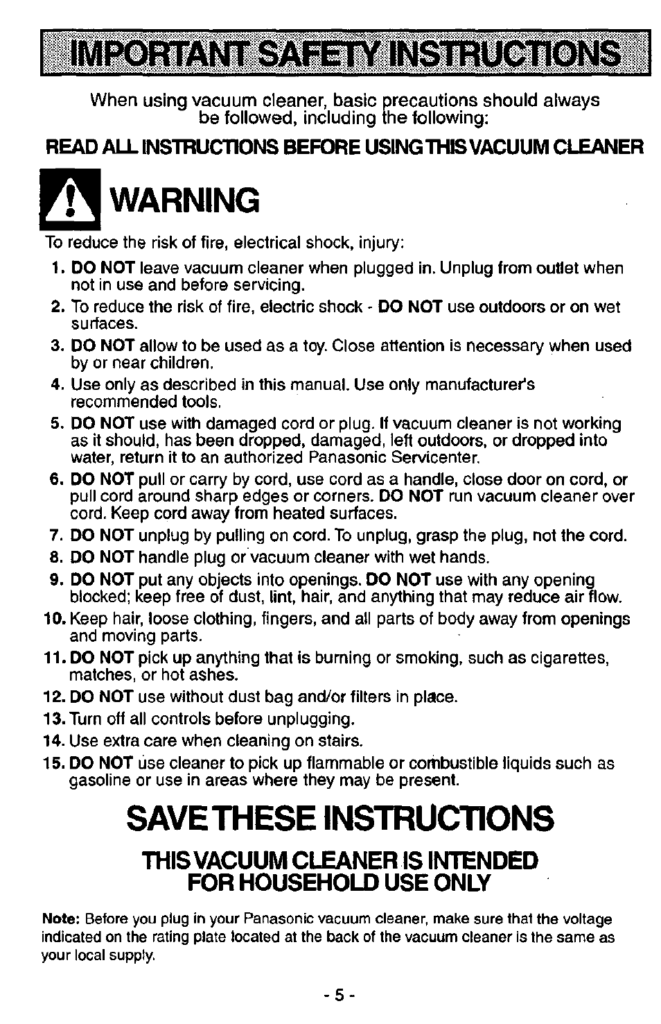 Warning, Save these instructions | Panasonic QUICKDRAW MC-V5750 User Manual | Page 5 / 24