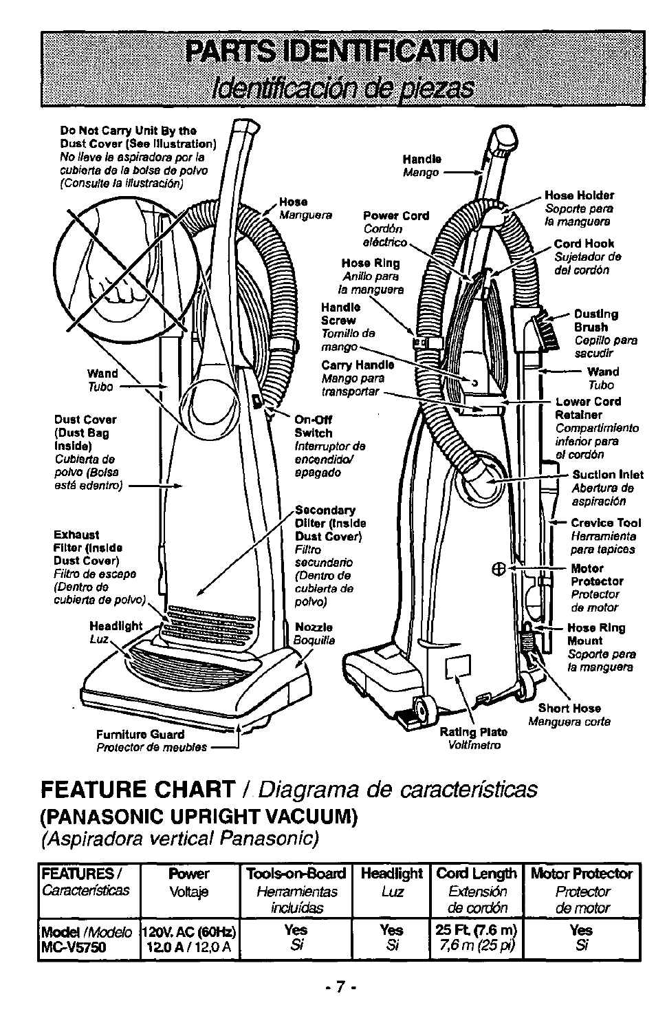 Panasonic upright vacuum), Feature chart, Volt | Panasonic QUICKDRAW MC-V5750 User Manual | Page 7 / 24