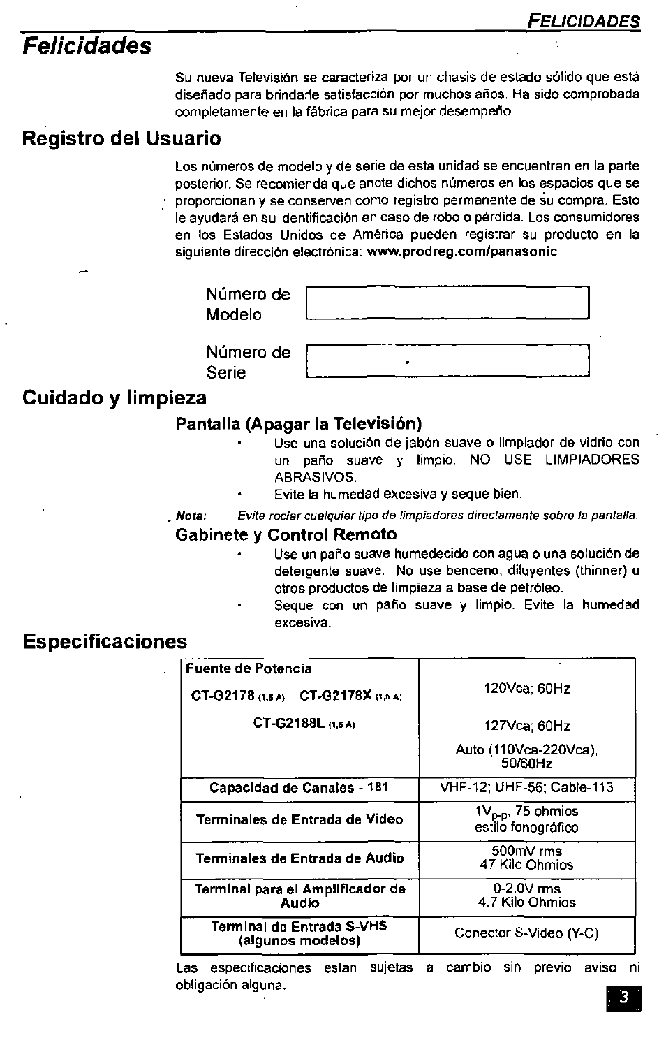 Pantalla (apagar la televisión), Gabinete y control remoto, Felicidades | Registro det usuario, Cuidado y limpieza, Especificaciones | Panasonic CT-2771S User Manual | Page 19 / 32