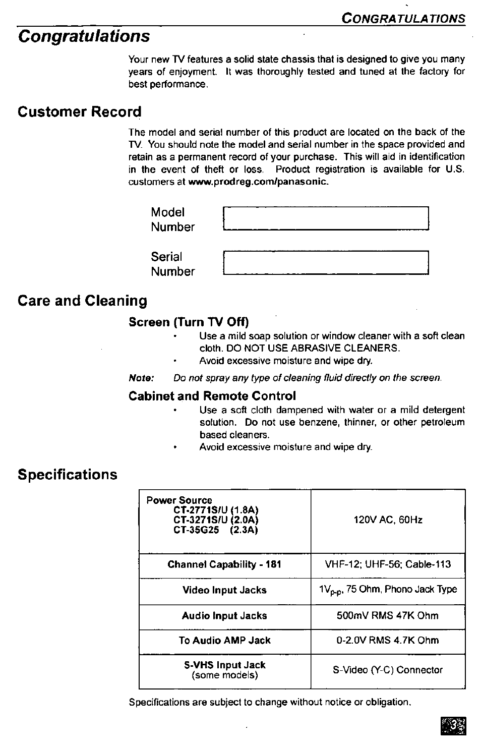Screen (turn tv off), Cabinet and remote control, Congra tula tions | Customer record, Care and cleaning, Specifications | Panasonic CT-2771S User Manual | Page 3 / 32