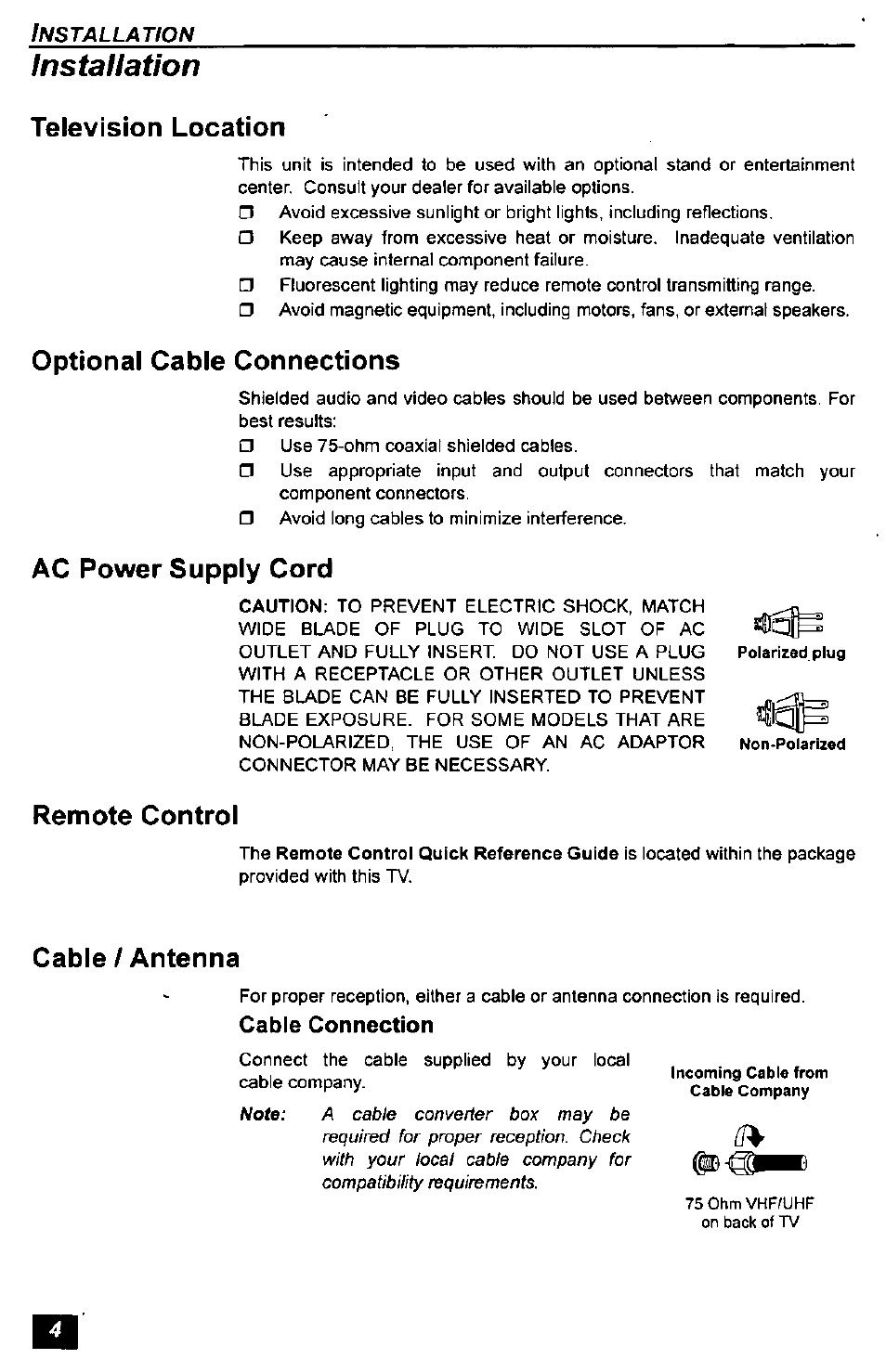 Cable connection, Instauation, Television location | Optional cable connections, Ac power supply cord, Remote control, Cable / antenna | Panasonic CT-2771S User Manual | Page 4 / 32