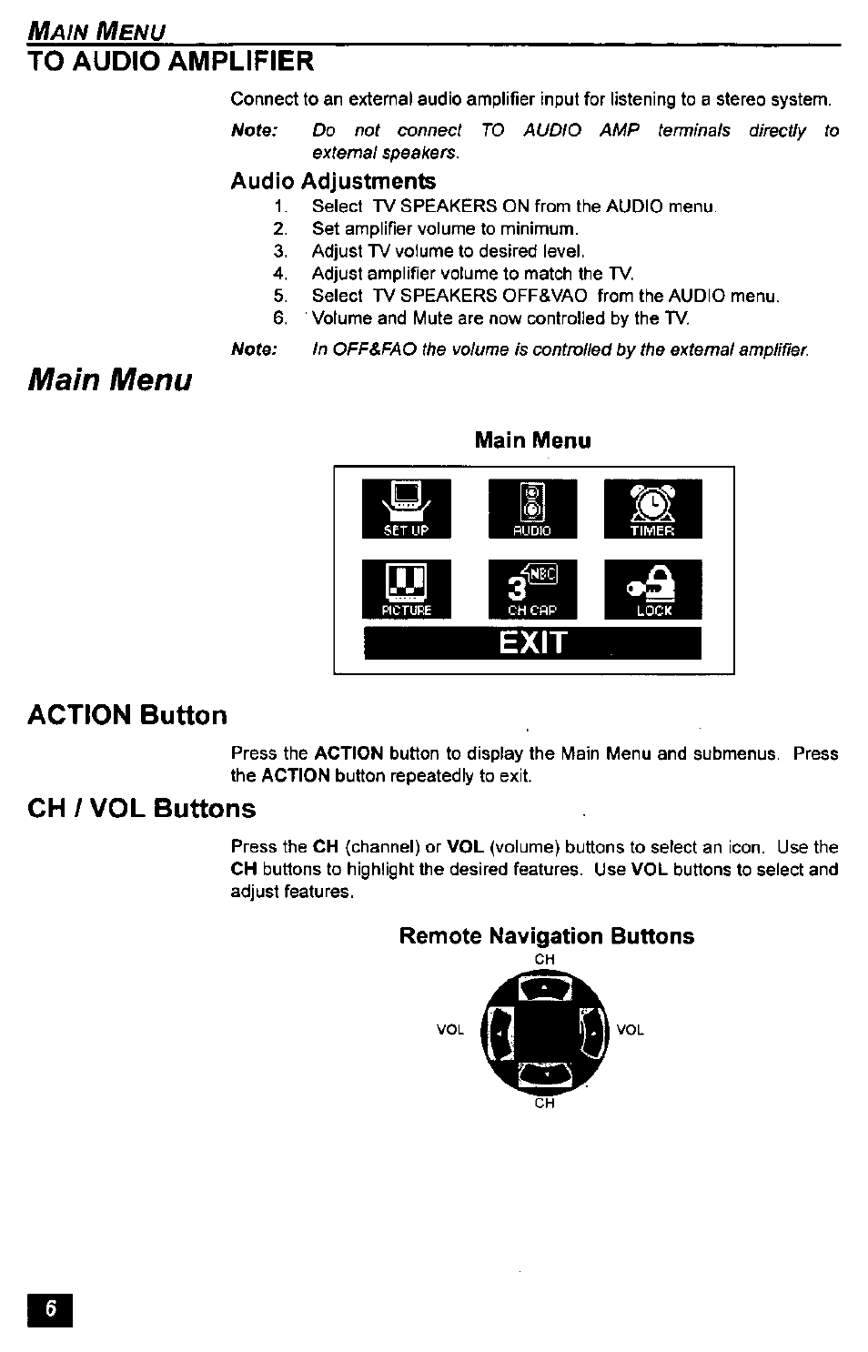 Audio adjustments, Main menu, Remote navigation buttons | Action button, Ch / vol buttons | Panasonic CT-2771S User Manual | Page 6 / 32