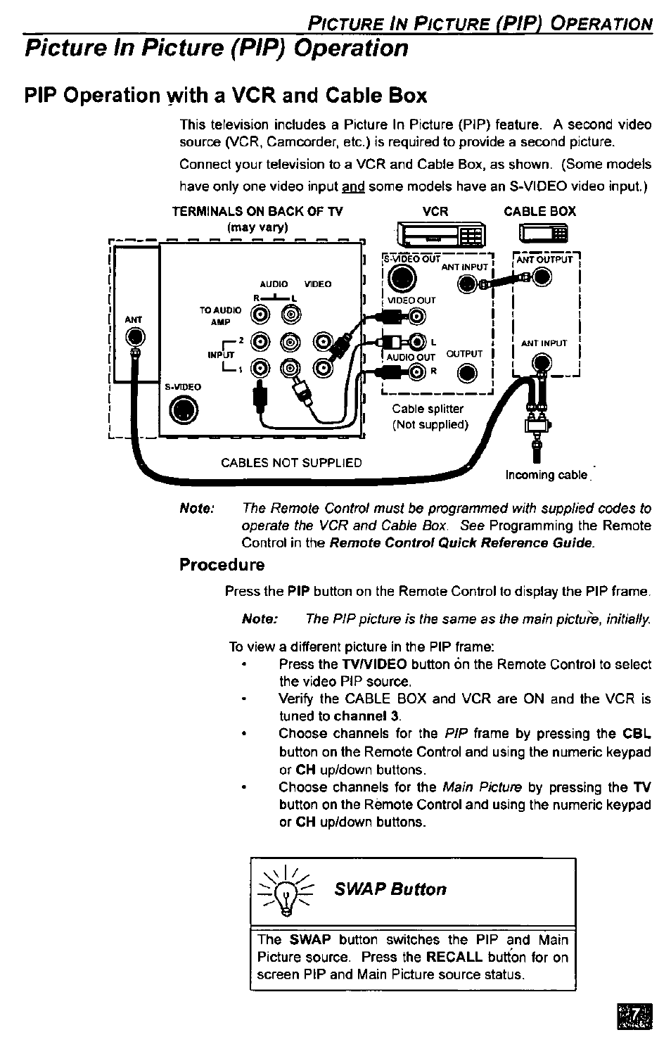 Pip operation with a vcr and cable box, Procedure, Picture in picture (pip) operation | Pip) o | Panasonic CT-2771S User Manual | Page 7 / 32