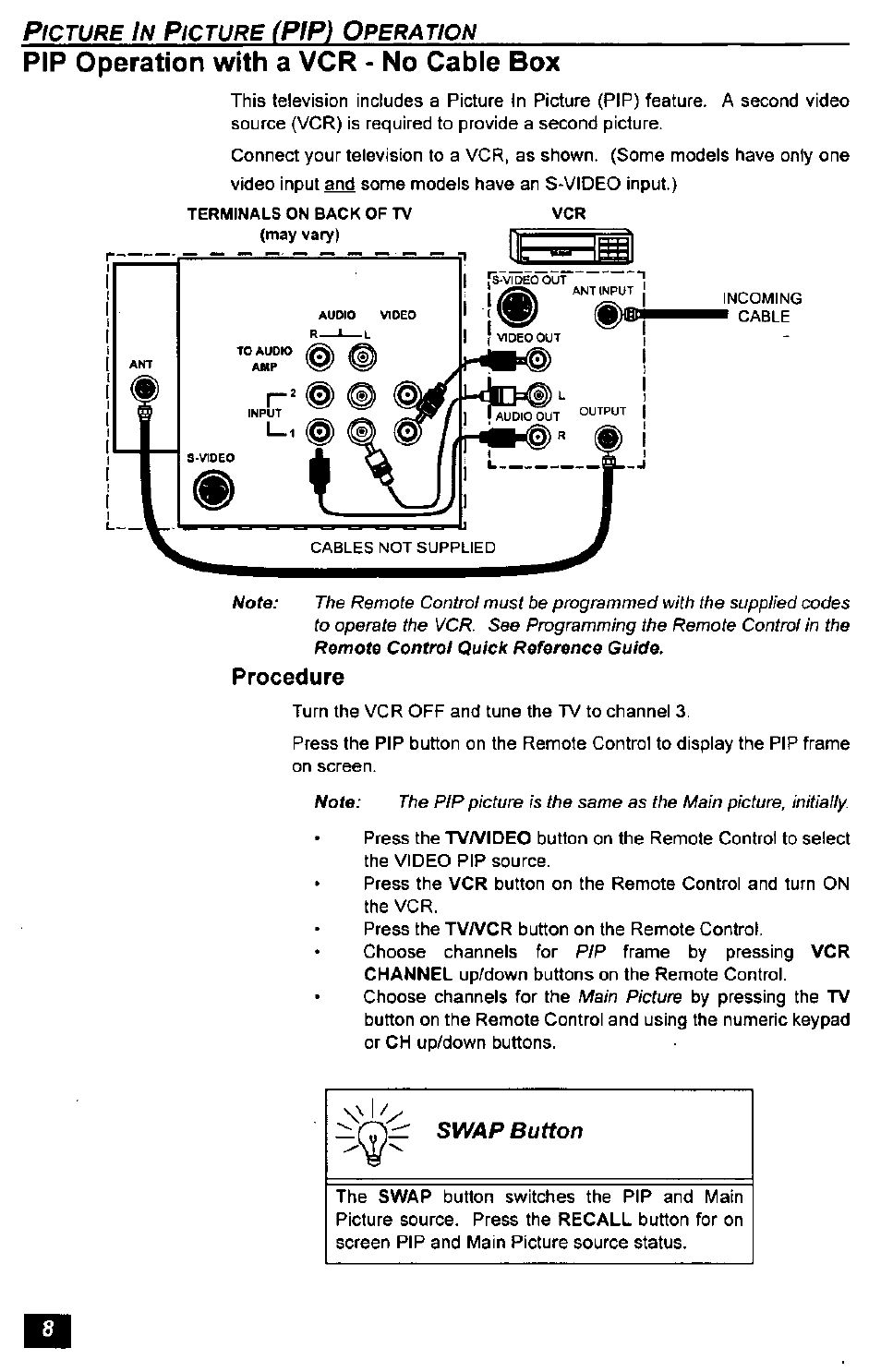 Pip operation with a vcr - no cable box, Procedure, Pip) o | Panasonic CT-2771S User Manual | Page 8 / 32