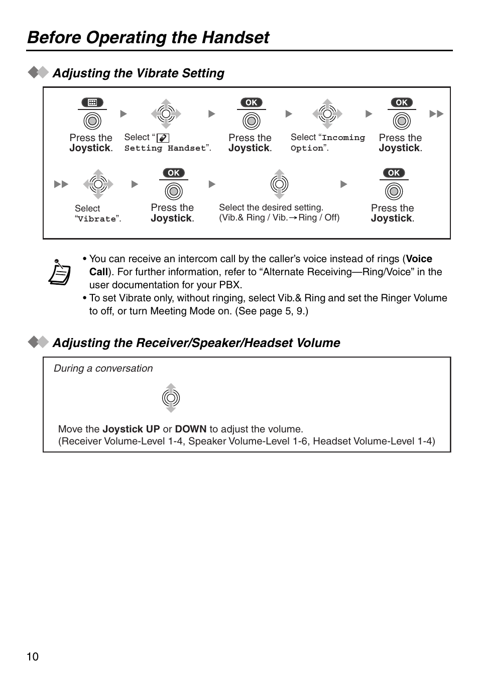 Adjusting the vibrate setting, Adjusting the receiver/speaker/headset volume, Before operating the handset | Panasonic KX-TDA50 User Manual | Page 10 / 40