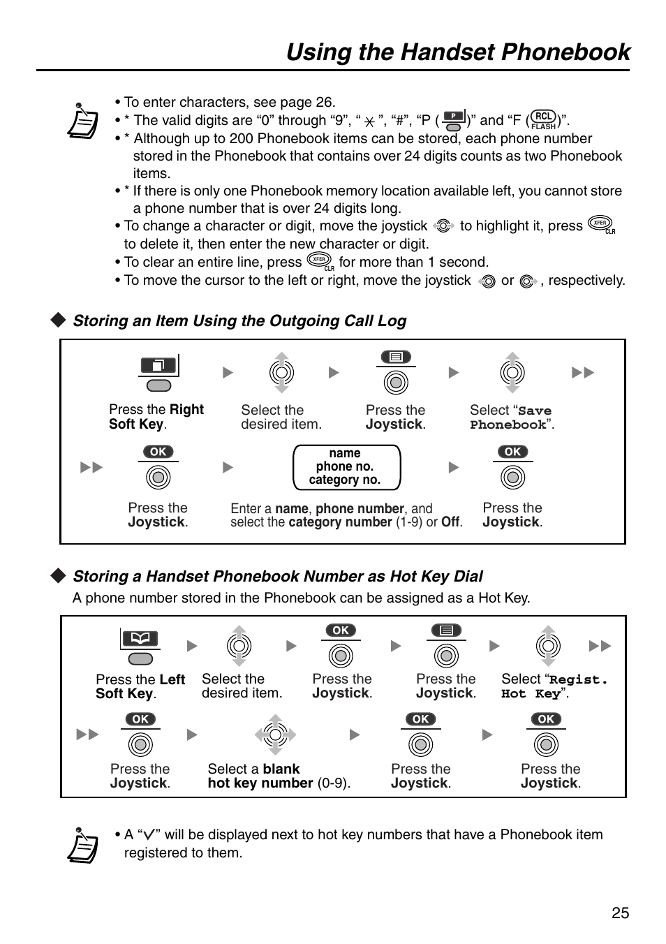 Storing an item using the outgoing call log, Storing a handset phonebook number as hot key dial, Or 25 | Using the handset phonebook | Panasonic KX-TDA50 User Manual | Page 25 / 40