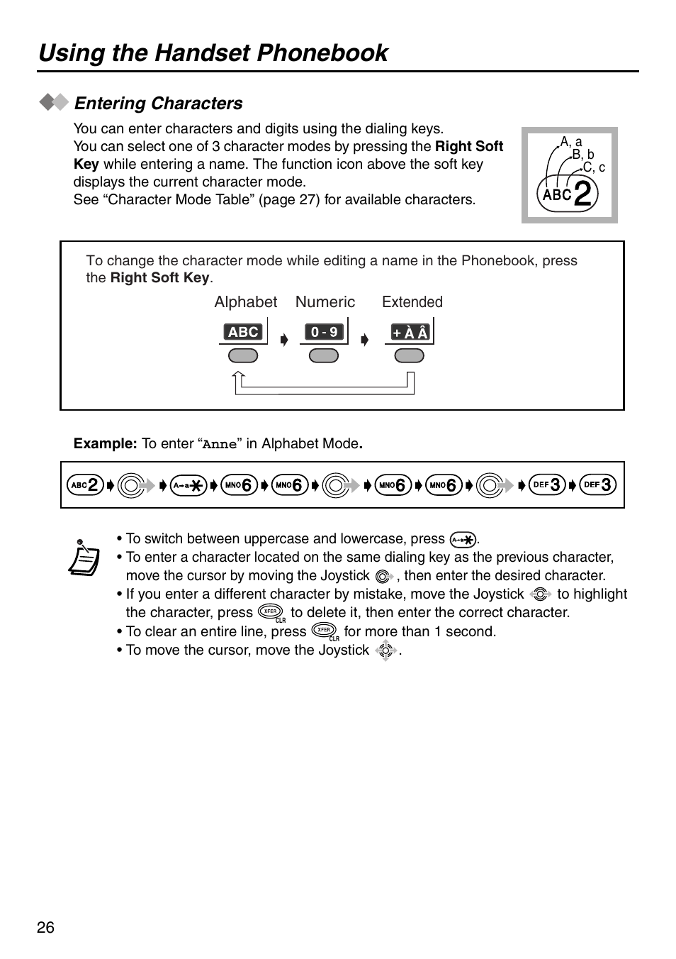 Entering characters, Using the handset phonebook | Panasonic KX-TDA50 User Manual | Page 26 / 40