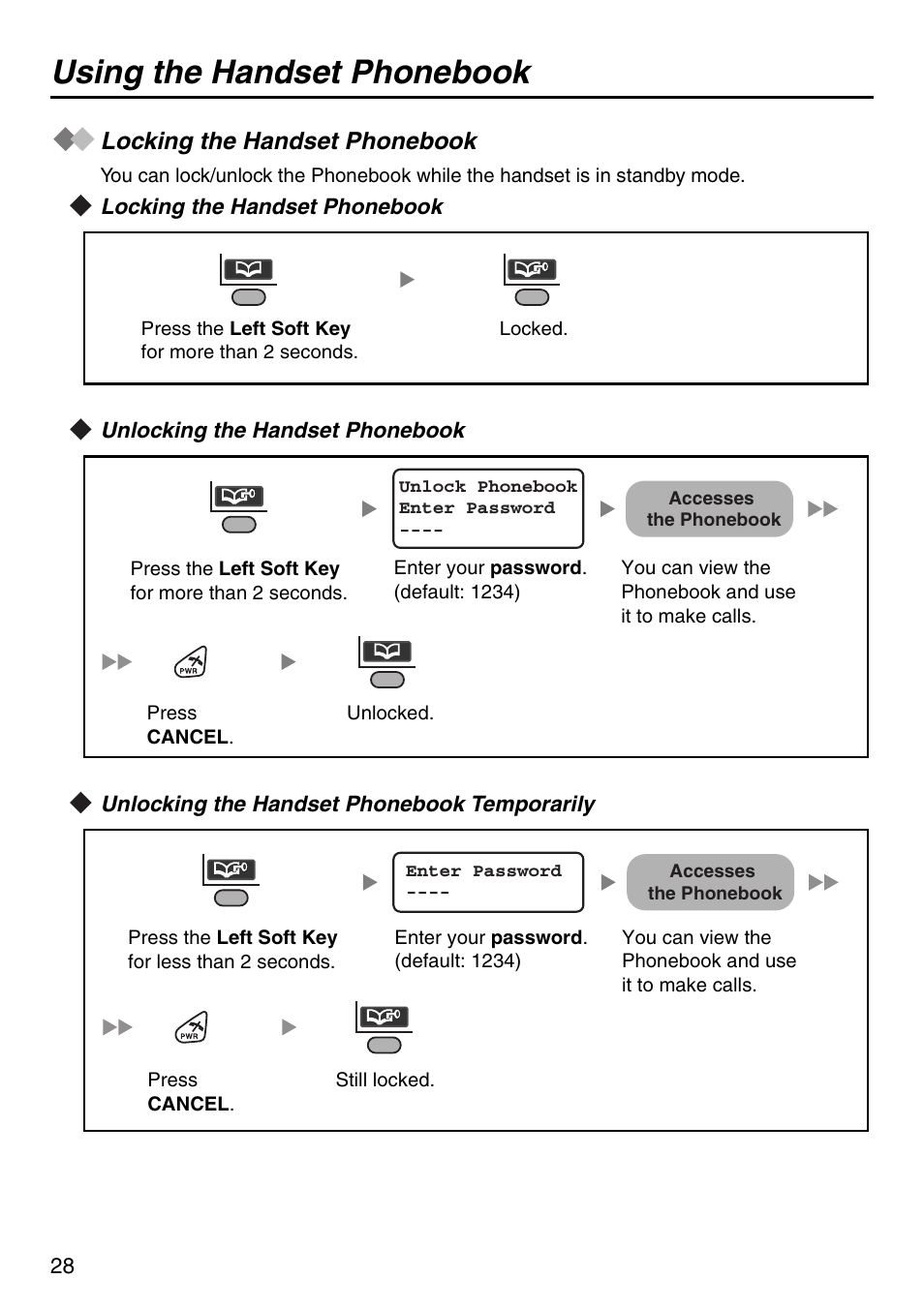 Locking the handset phonebook, Unlocking the handset phonebook, Unlocking the handset phonebook temporarily | Using the handset phonebook | Panasonic KX-TDA50 User Manual | Page 28 / 40