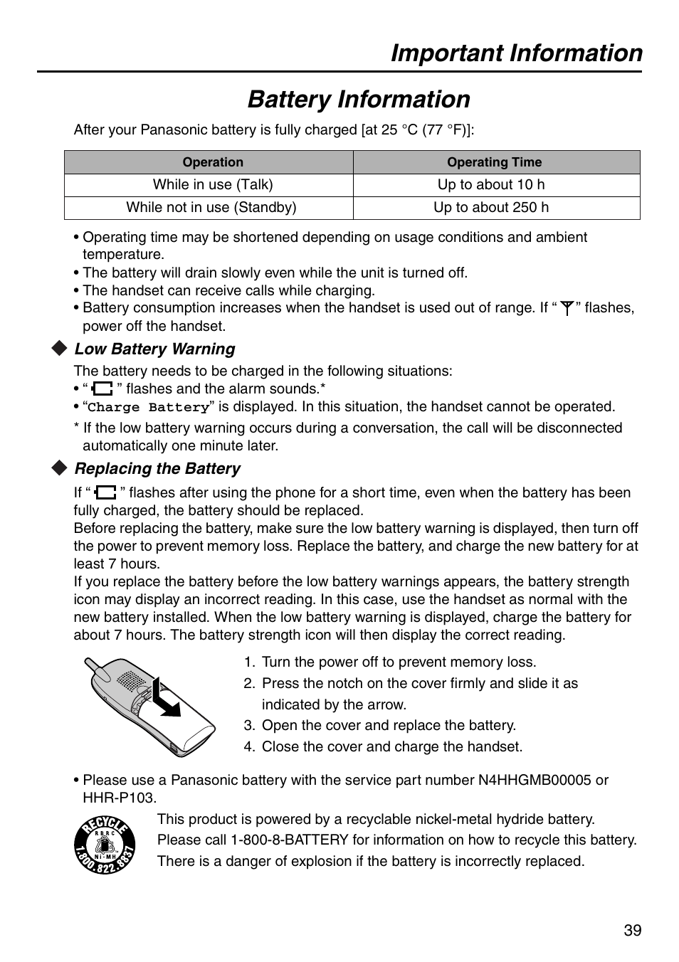 Important information, Battery information, Low battery warning | Replacing the battery | Panasonic KX-TDA50 User Manual | Page 39 / 40