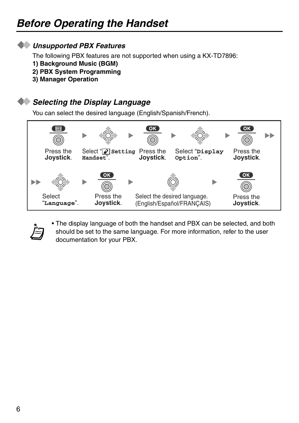 Before operating the handset, Unsupported pbx features, Selecting the display language | Panasonic KX-TDA50 User Manual | Page 6 / 40