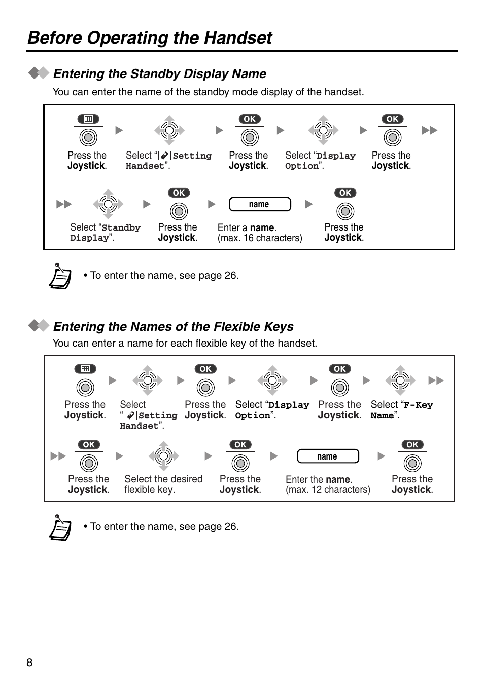 Entering the standby display name, Entering the names of the flexible keys, Before operating the handset | Panasonic KX-TDA50 User Manual | Page 8 / 40