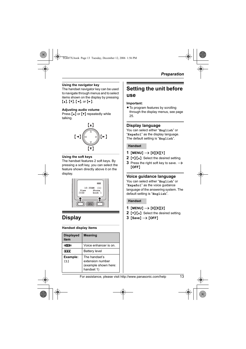 Display, Setting the unit before use | Panasonic KX-TG6073 User Manual | Page 13 / 56