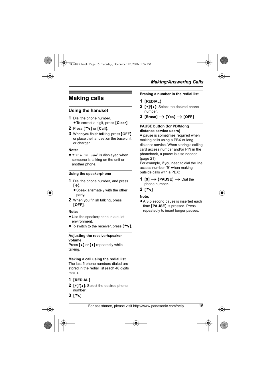 Making calls | Panasonic KX-TG6073 User Manual | Page 15 / 56