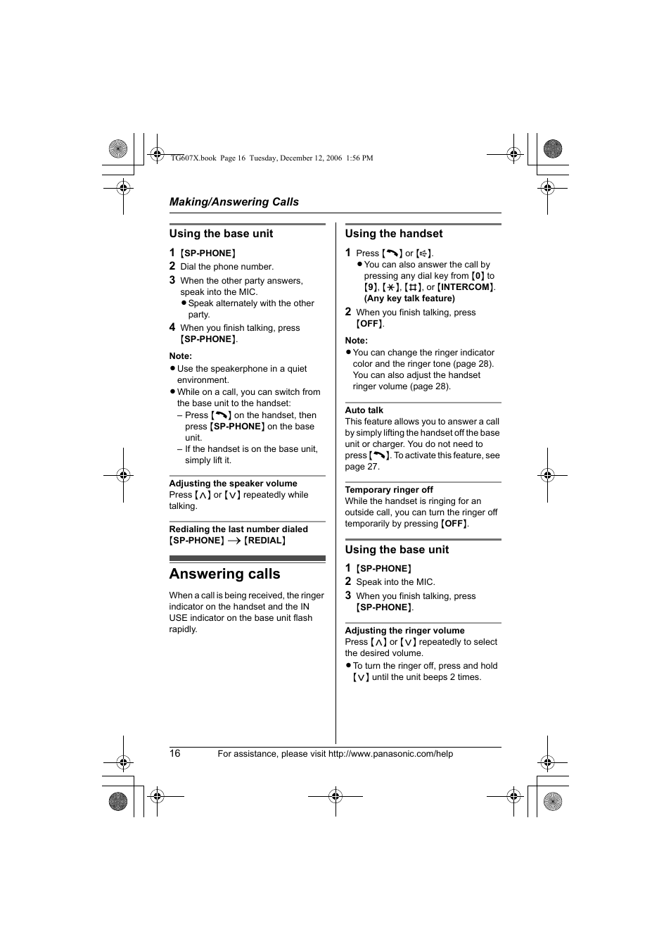 Answering calls | Panasonic KX-TG6073 User Manual | Page 16 / 56