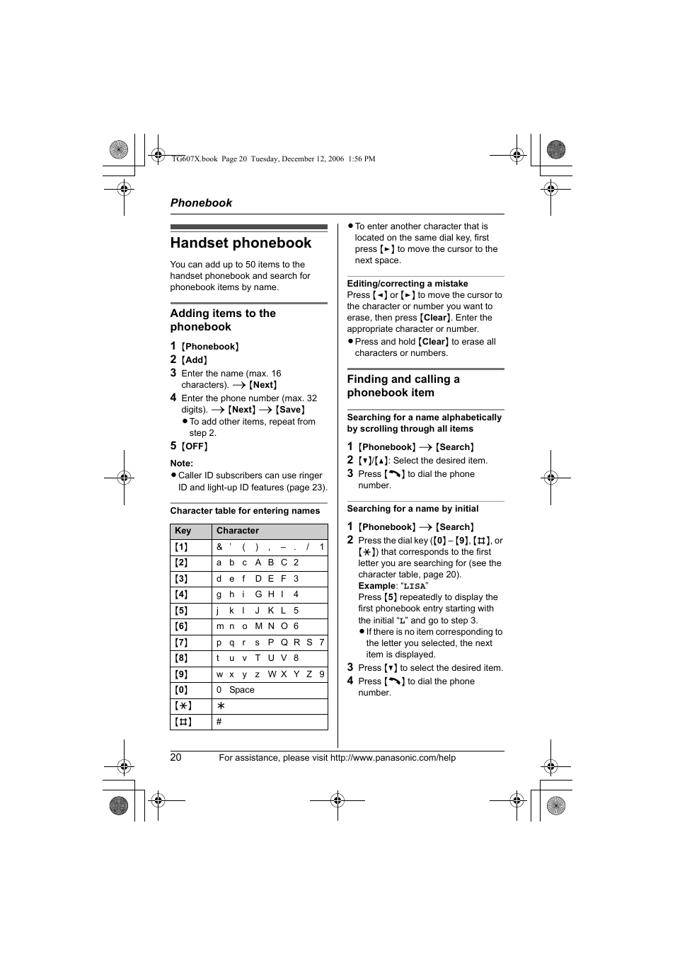 Handset phonebook | Panasonic KX-TG6073 User Manual | Page 20 / 56